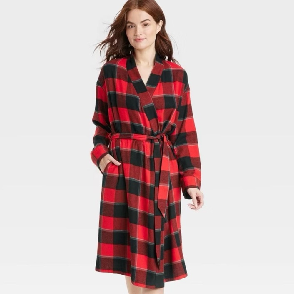 Stars Above Flannel Robe For Women Plaid Red Buffalo Check Cozy Christmas